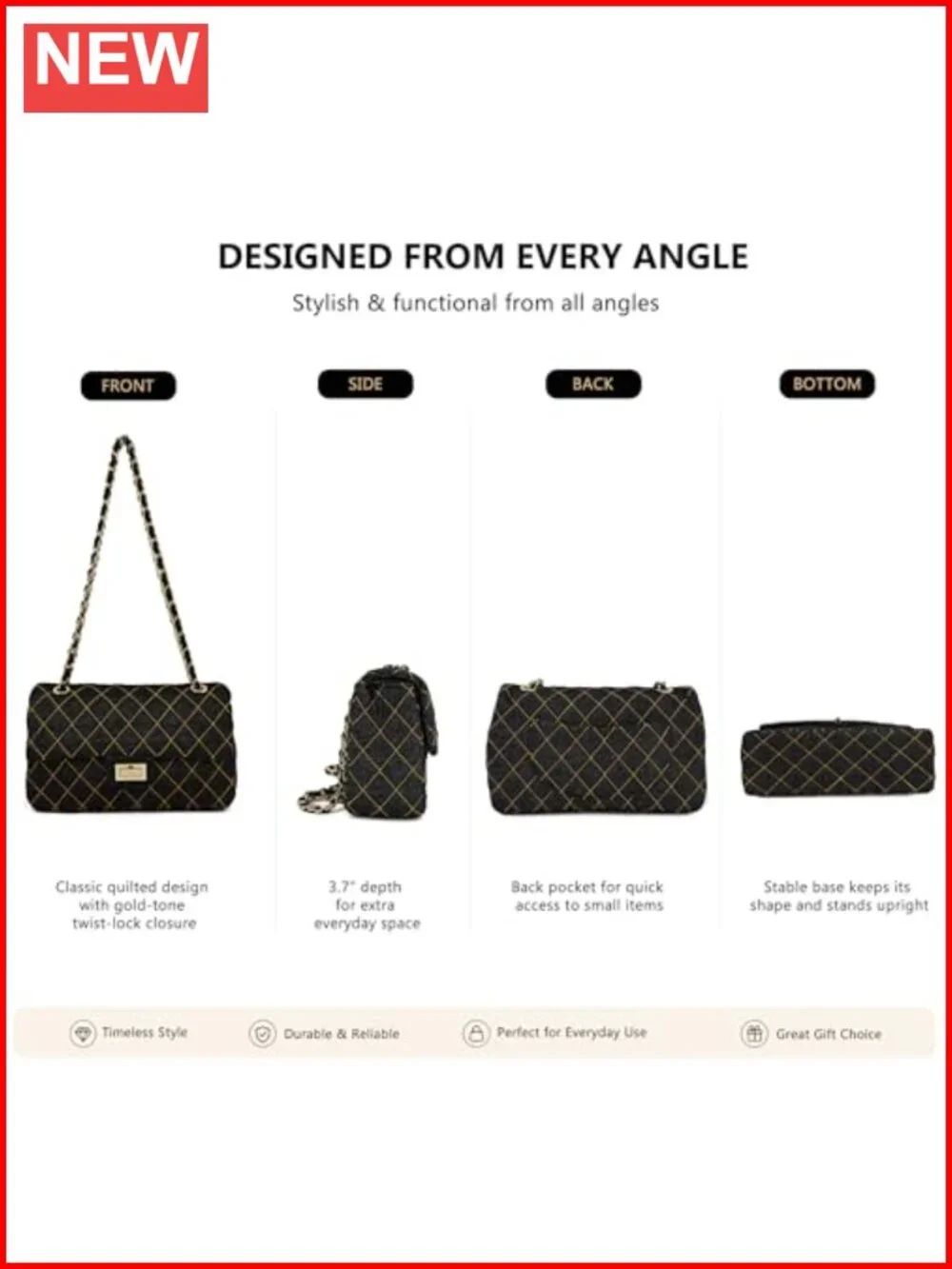 Quilted Flap Shoulder Bag with Chain Strap Adjustable Crossbody